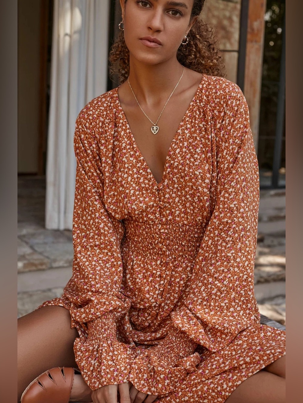 Wishlist Apparel Smocked V-Neck Long Sleeve Floral Dress in Rust